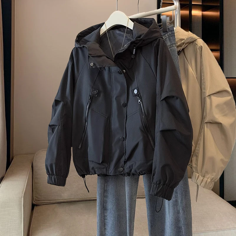 Spring Autumn Hooded Jackets Loose Short Women's Tooling Jacket Zipper Tether Long Sleeve Black Khaki Casual Temperament Outwear