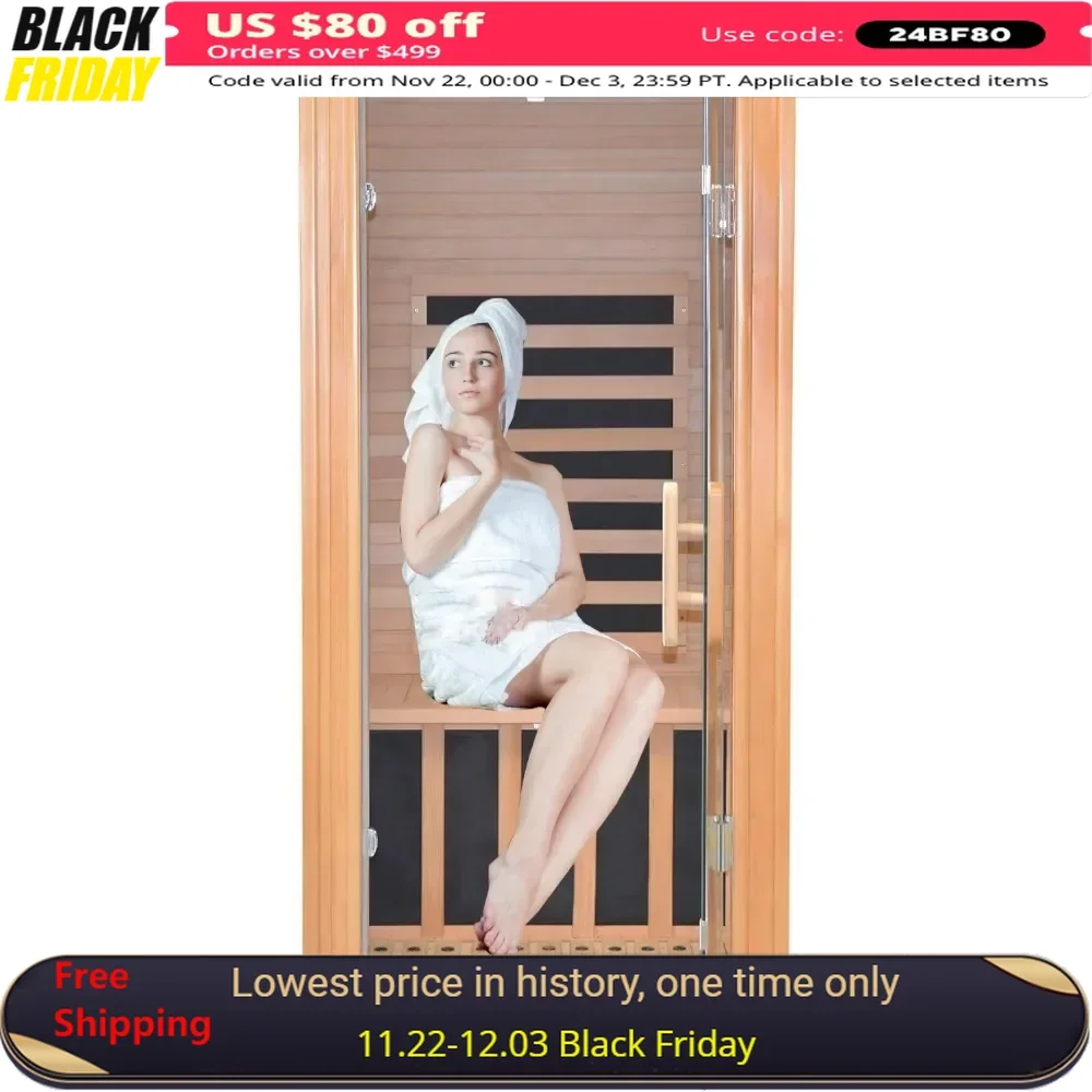 Home Infrared Sauna Room 1 Person Wooden Canadian Hemlock 1260W Low Magnetic Graphene Carbon Plate Heater Indoor Saunas