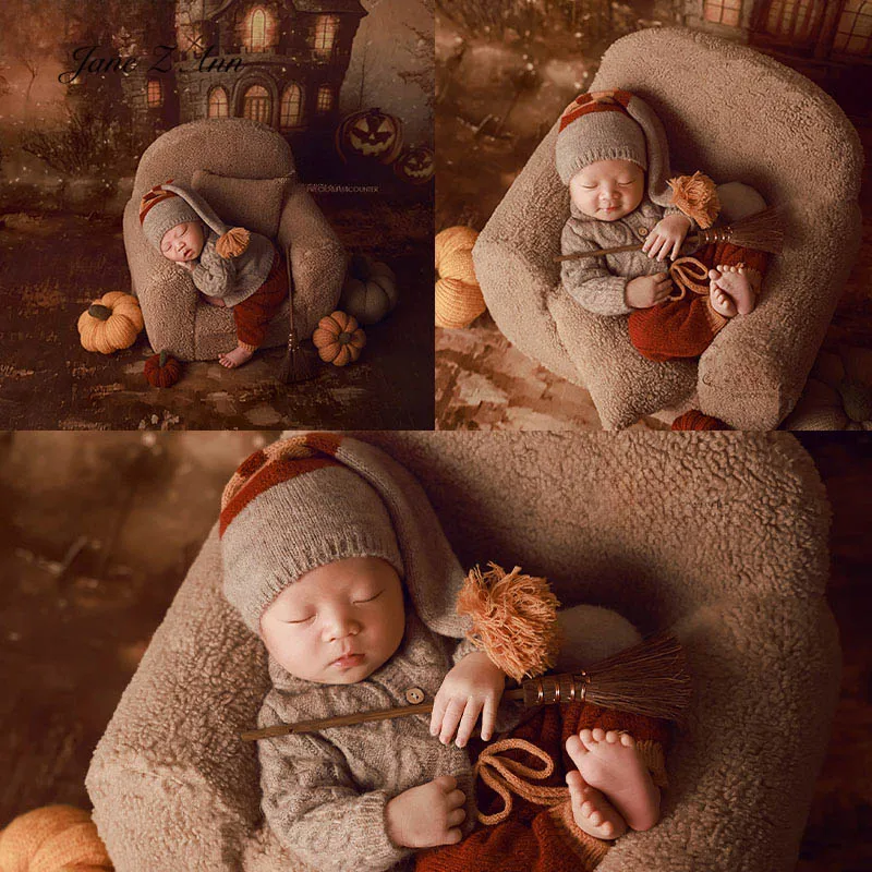 

Комплект одежды на Хэллоуин для новорожденных, реквизит для фотосессии, вязаная шапка с длинным хвостом и помпоном, вязаный кардиган, тыквенные оранжевые штаны для фотосъемки