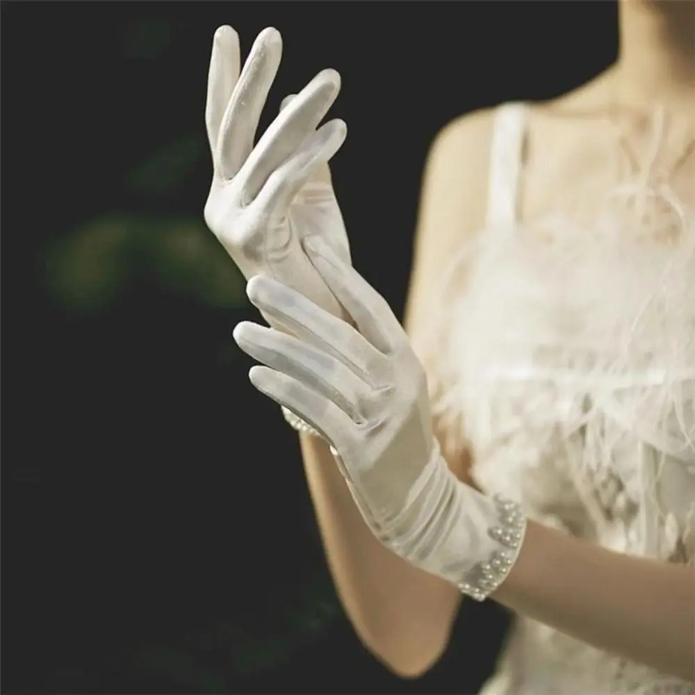 

1 Pair White Satin Gloves Wedding Short Glove Mesh Bow Knot Gloves Thin Sweet Lace Gloves Women Evening Party