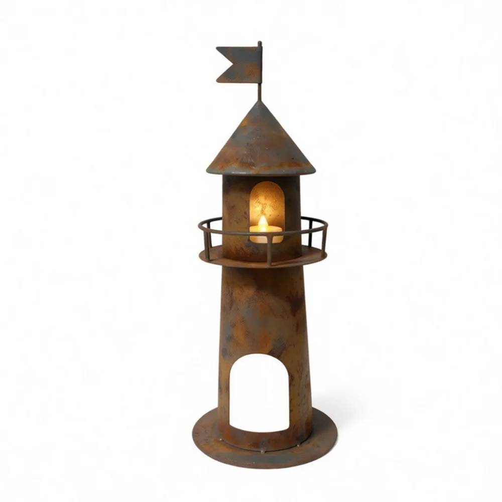 Vintage Distressed Lighthouse Sculpture Garden Decor Nautical Theme Metal Statue Outdoor Yard Landscaping Accents