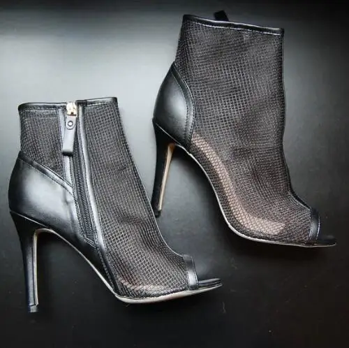 

Size 46 Women Fashion Black Air Mesh Leather Patchwork Zipper Side Peep Toe High Heel Ankle Sandals Boots Short Booties Shoes