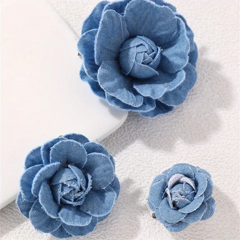 Handmade Fashion Denim Camellia Brooch Fabric  Suit Coats Blue Brooch Wedding Party Costume Jewelry Accessories Decoration