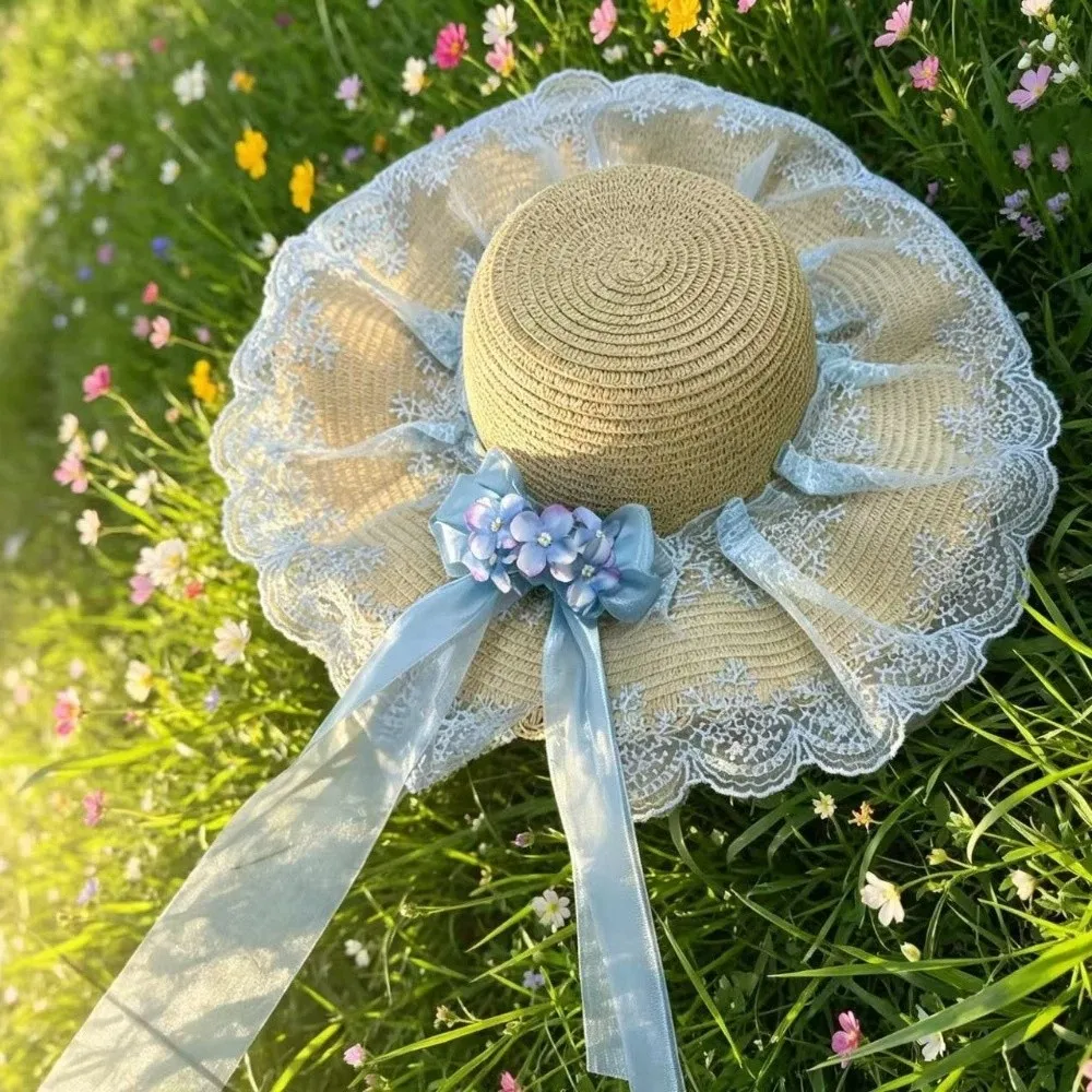 Damen-Strohhut mit Blumenmuster, eleganter, atmungsaktiver Sonnenschutzhut mit breiter Krempe, UV-Schutz, Outdoor-Strandhut, Strandurlaub