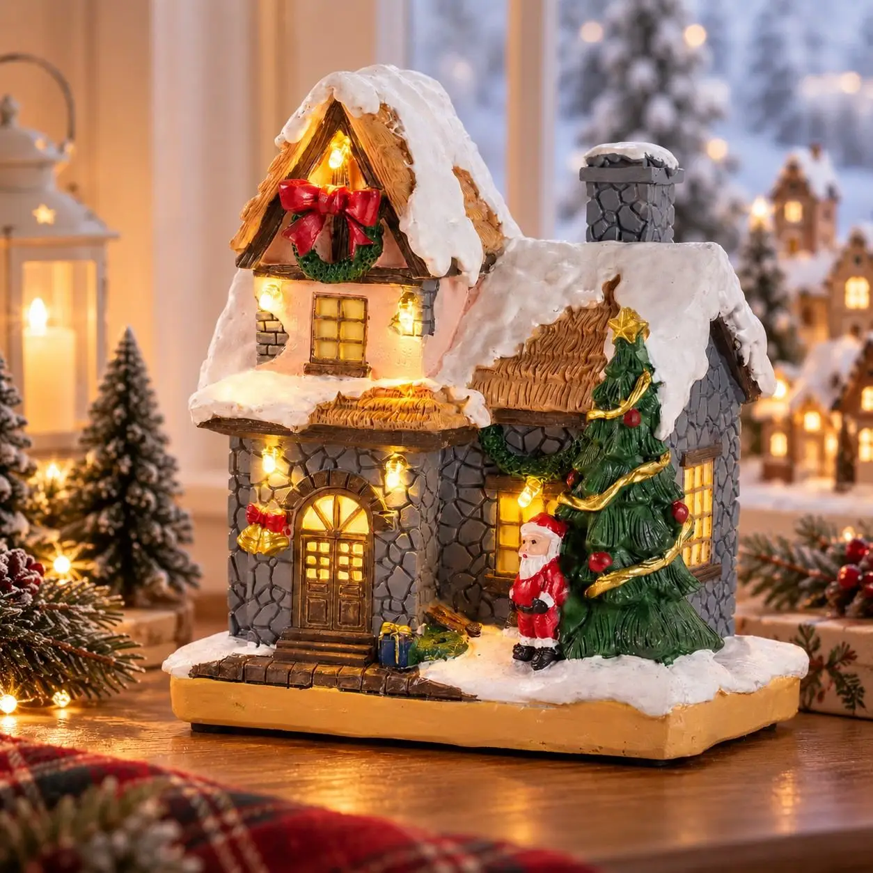 Weihnachtsdorf-Haus LED-Beleuchtete Sammlerfigur Schneehütte Weihnachtsmann Baum Tisch Weihnachts-Heimdekoration Geschenk – Detail 6