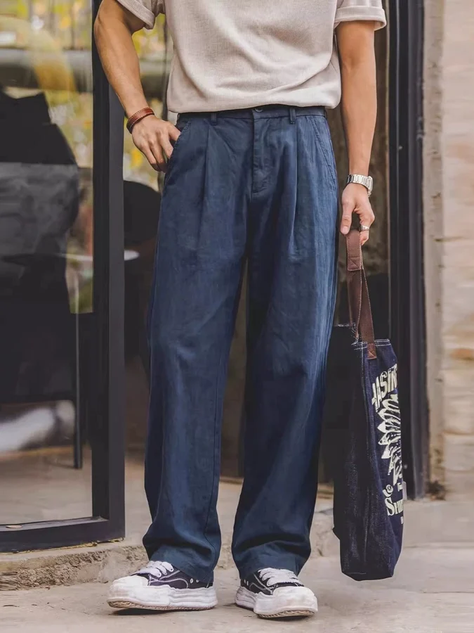 Loose Lightweight Linen Workwear Pants American Retro Style Men's Fashionable Straight Leg Trousers Breathable Casual Pants