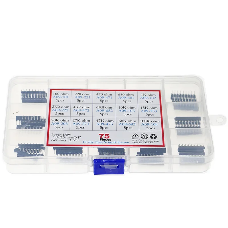 75pcs 15 Types Network Resistor Assorted Kit 1 x 9pin A09-101 221 471 681 102 222 472 682 103 153 203 273 473 683 104