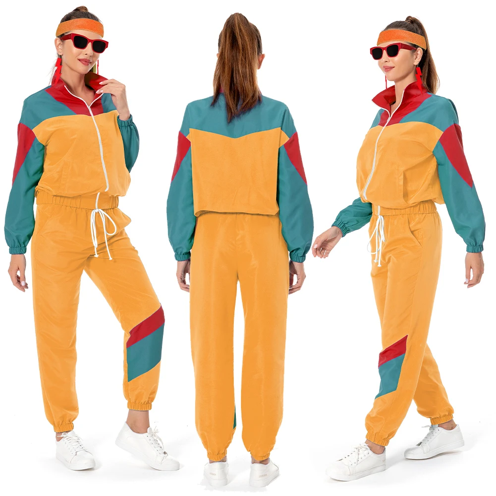 80s Retro Vintage Cosplay Women Tracksuit Costume Female Disguise Colorful Sportsuits Headband Earrings Unisex Halloween Suits