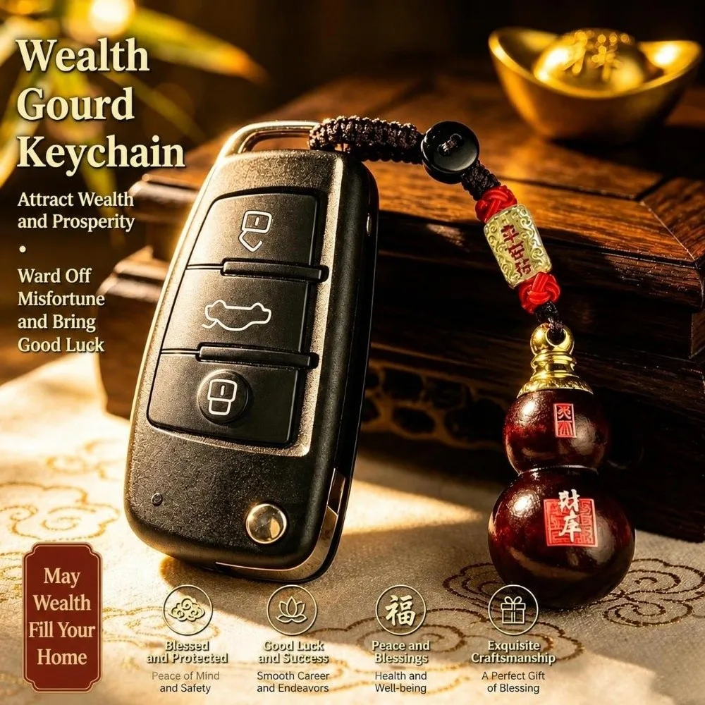 Wooden Gourd-shaped Car Keychain Hollow inside with 7 Rice Gourd Shape Key Chain Bringing Good Fortune and Blessings