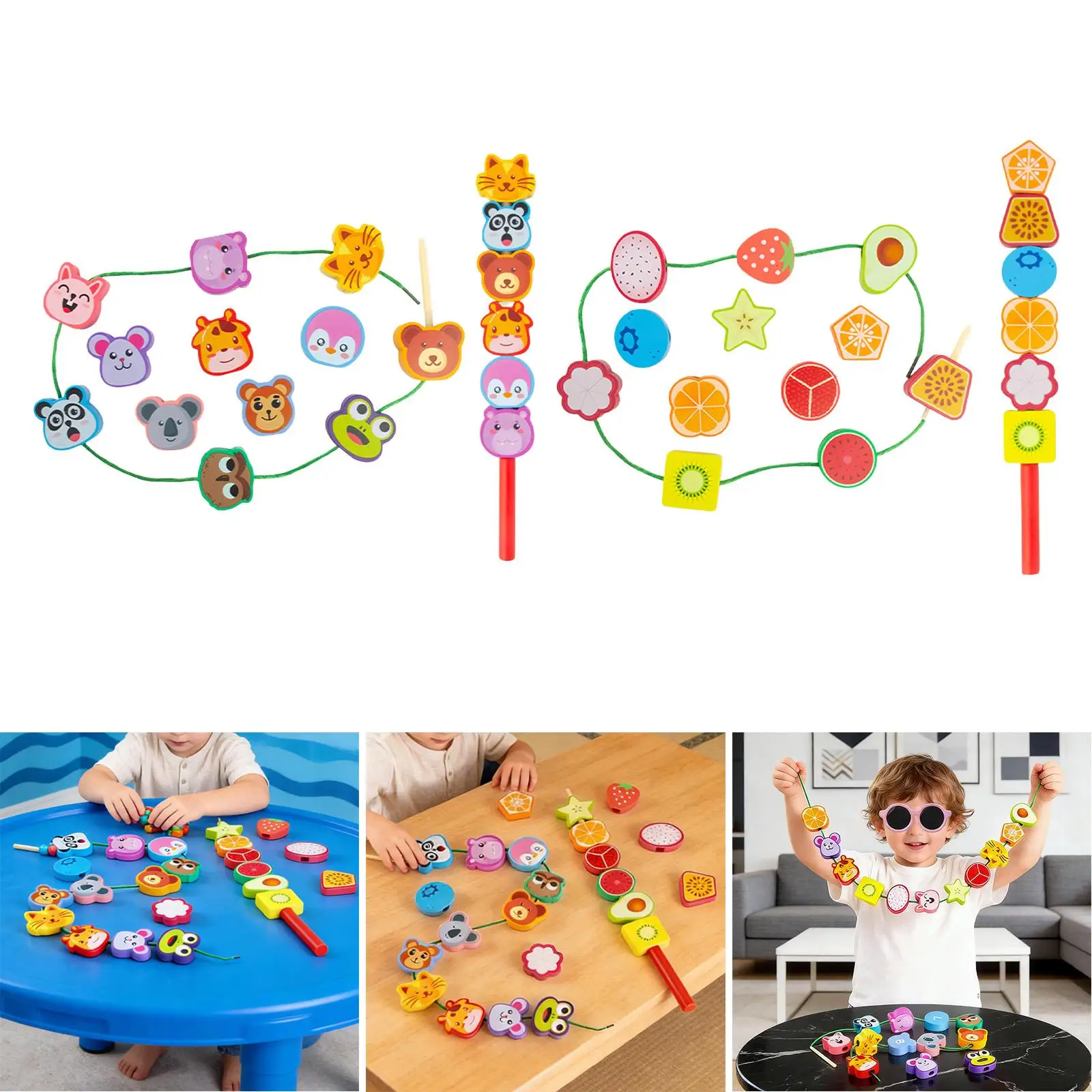 Wooden Lacing Beads for Toddler,Sorting Hand Eye Coordination Shape Matching Learning Toy,Educational Threading for Children