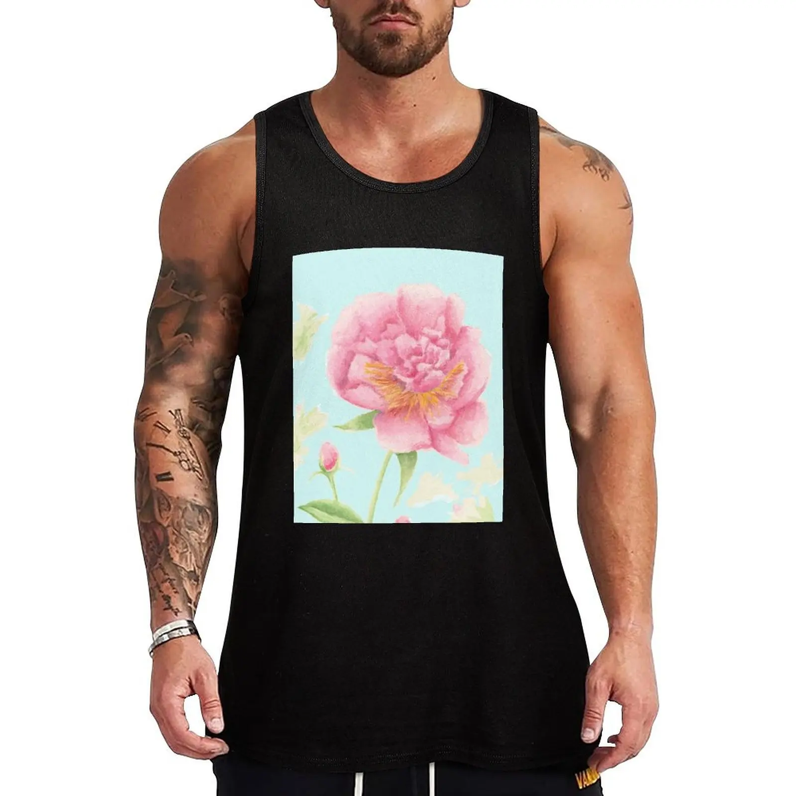 

Peony Flower Watercolor Painting on Background Tank Top gym clothes men Men gym sportswear sleeveless vests