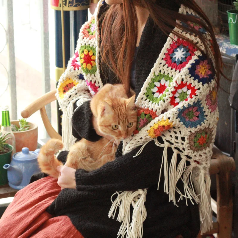 

[155*75] Чистая ручная работа Ретро Мори литературный и художественный веер шерстяной шарф с цветком шаль оригинальная треугольная шаль с кисточками