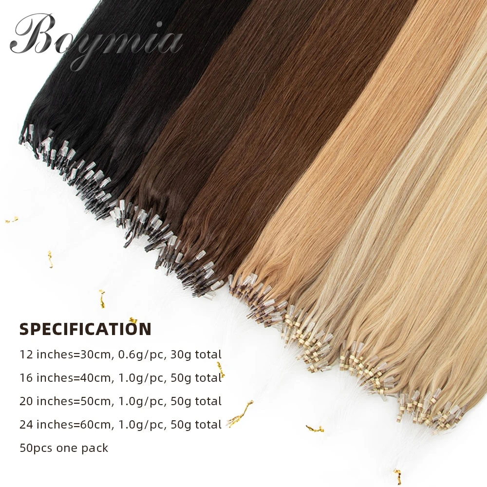 Boymia マイクロループ人毛エクステンション 12 "16" 20" 24" ナチュラルストレートヘアリングマイクロリンク 0.5 グラム/ストランド