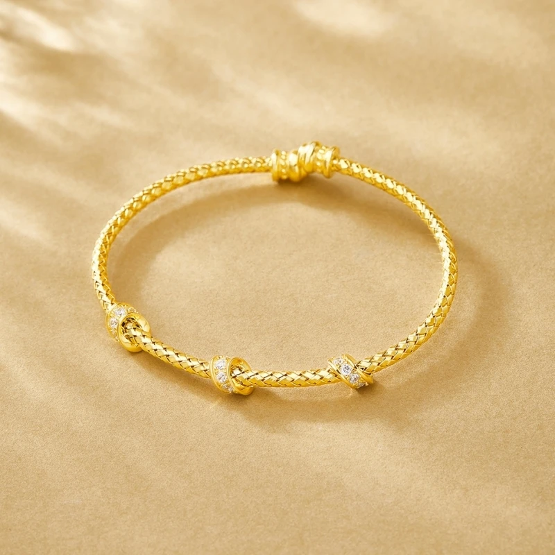 GEEZENCA Italian Jewelry 925 Silver Gold Plated Woven Tube Chain with CZ Charms Cuff Bracelet For Women Trendy Open Bangle Gift