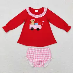wholesale newborn toddler hot sale baby girls and boys clothes Embroidered love dog red long-sleeved pink checkered briefs suit