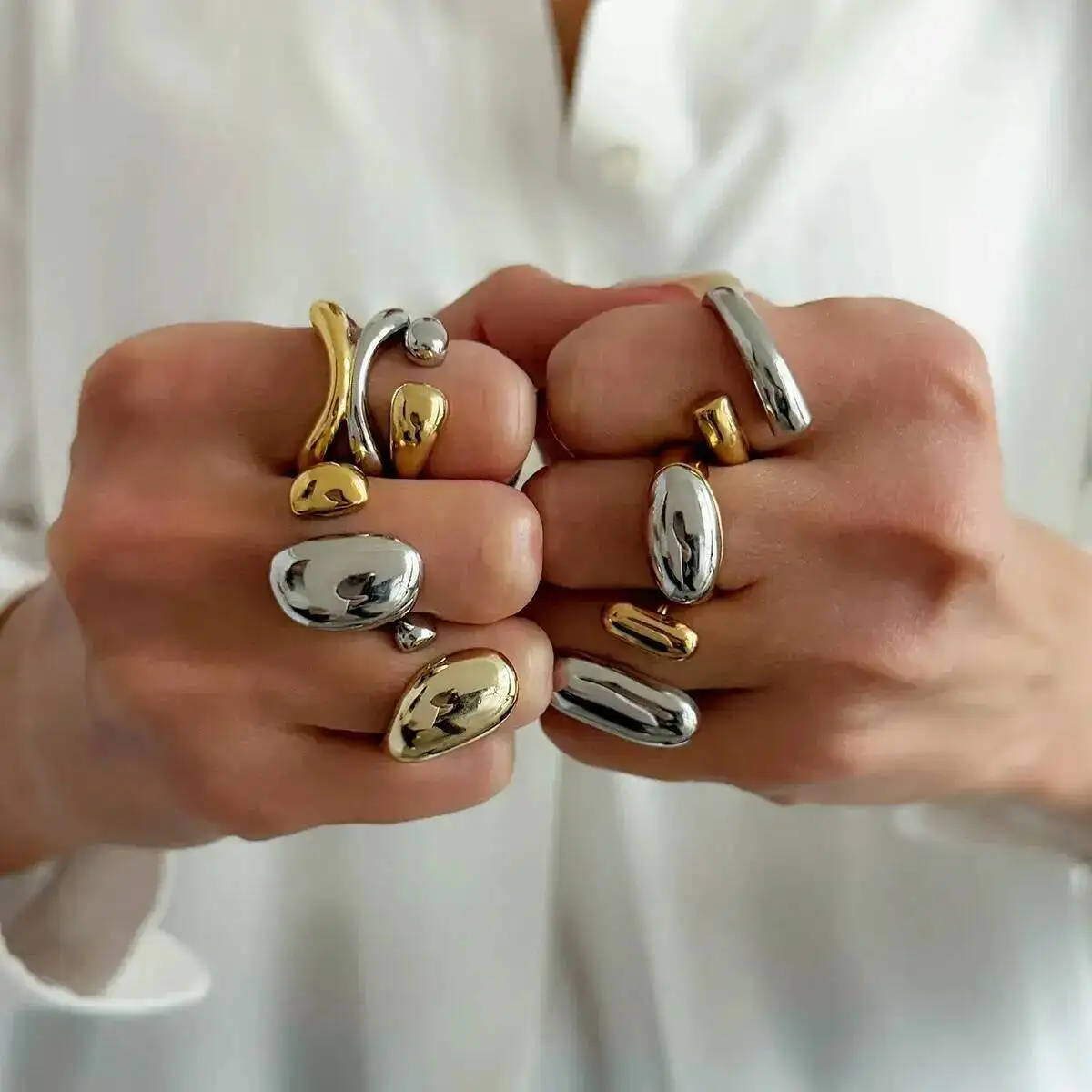 

KunJoe 7Pcs Trendy Geometric Mix Color Stainless Steel Finger Rings Women Punk Smooth Surface Irregular Adjustable Ring Jewelry