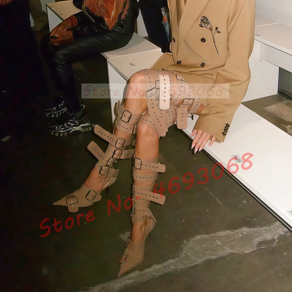 عارية مشبك حزام الفخذ العليا الصنادل المرأة مثير مدبب تو لامعة معدنية الثقوب أحذية طويلة السيدات Puttee صندل كعب عالٍ #4