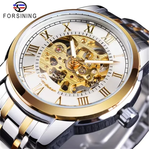 Forsining 349 reloj mecánico para hombre, relojes de pulsera manuales de acero inoxidable negro plateado con esqueleto redondo de negocios para hombre