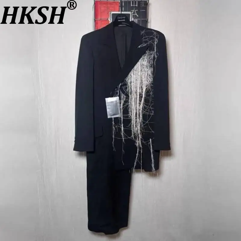 HKSH Spring Autumn New Men Tide Dark Flame Embroidery Asymmetric Windbreaker Chic Ins Fashion Japanese Coats Vibe Blazer HK26398