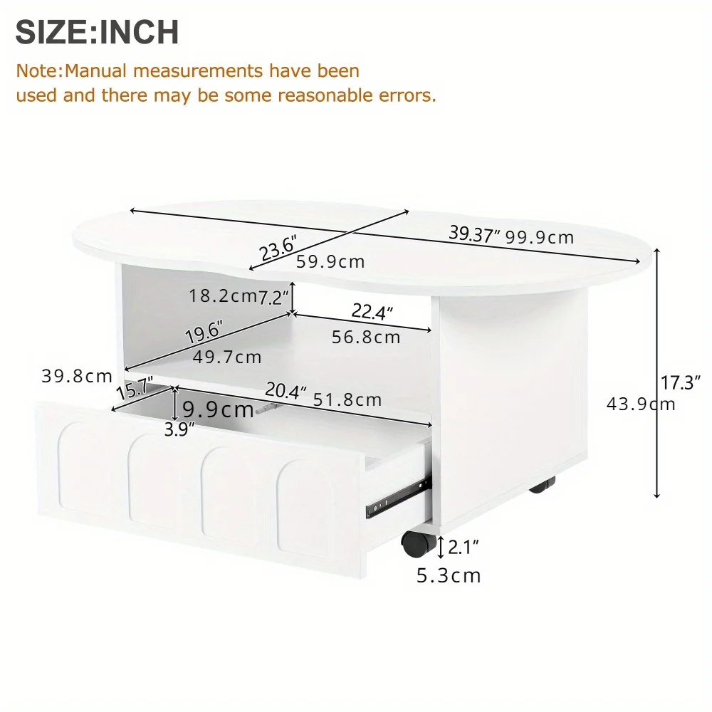 Table basse de style crème minimaliste moderne, table d'appoint à 2 roues, égouts de proximité, table centrale irrégulière, adaptée au salon, blanc