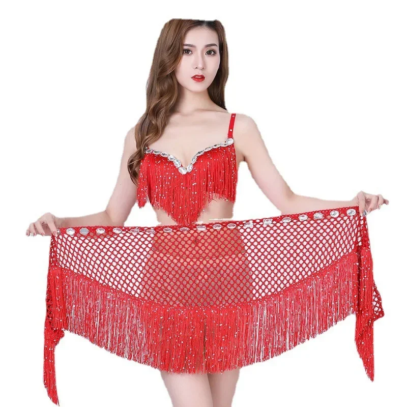 Women Sexy Bead Slice Waist Chain Belly Dance Show Costume Sequin Fringed Hip Scarf Dance Performance Lace Up Hollow Waist Scarf