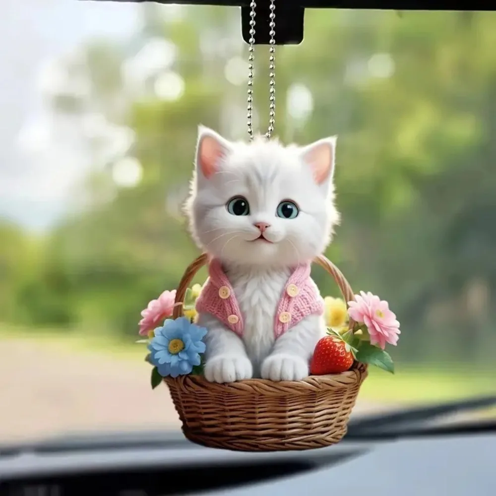 Cute White Cat Basket Car Hanging Ornament Acrylic Pendant with Flower Strawberry Decor Rearview Mirror Charm Car Accessory Gift