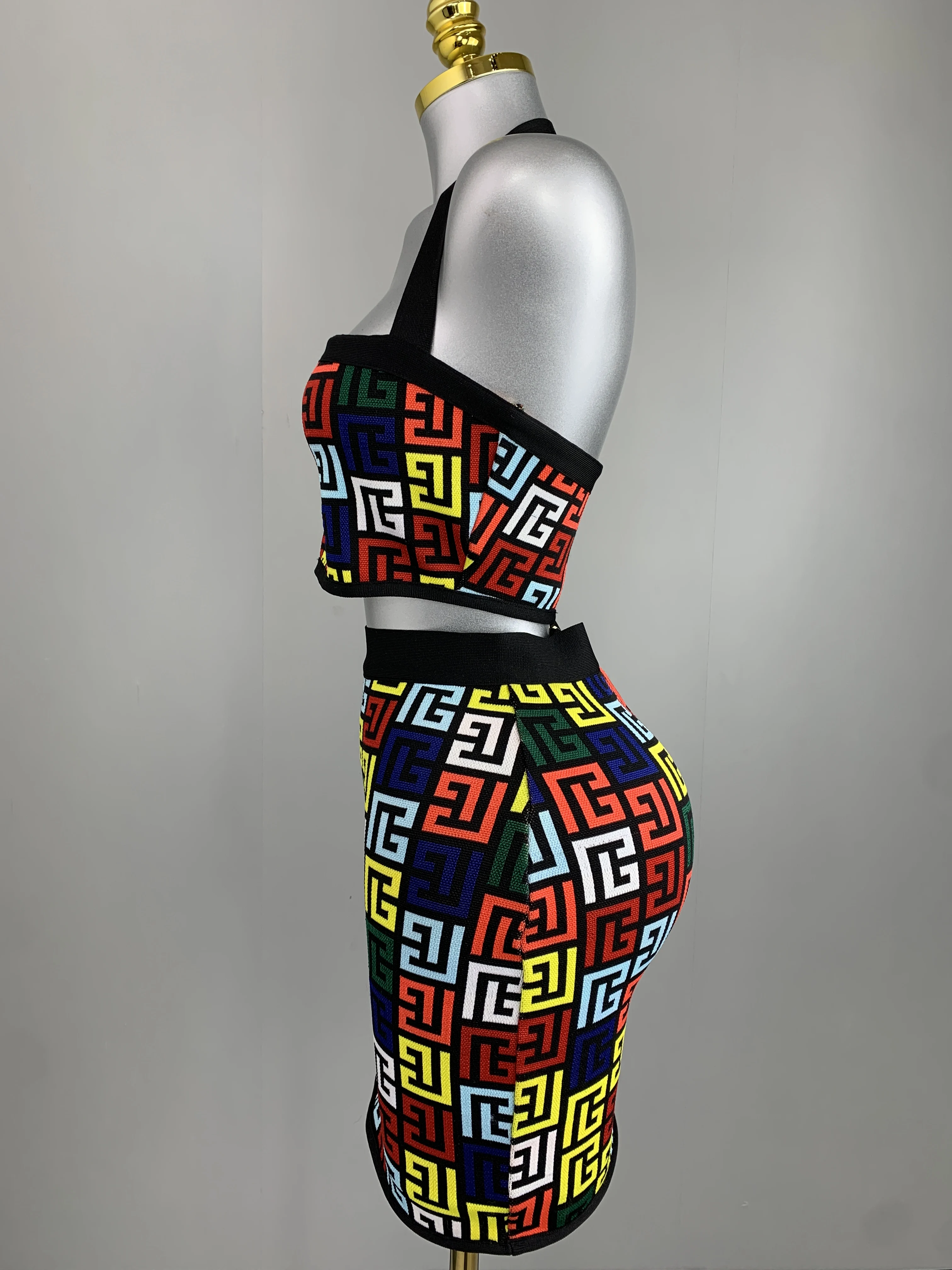 

Women‘s Sexy Backless Halter Jacquard Mini Summer Bandage Skirt Set 2026 Celebrity Knitted Elegant Evening Club Party Clothing