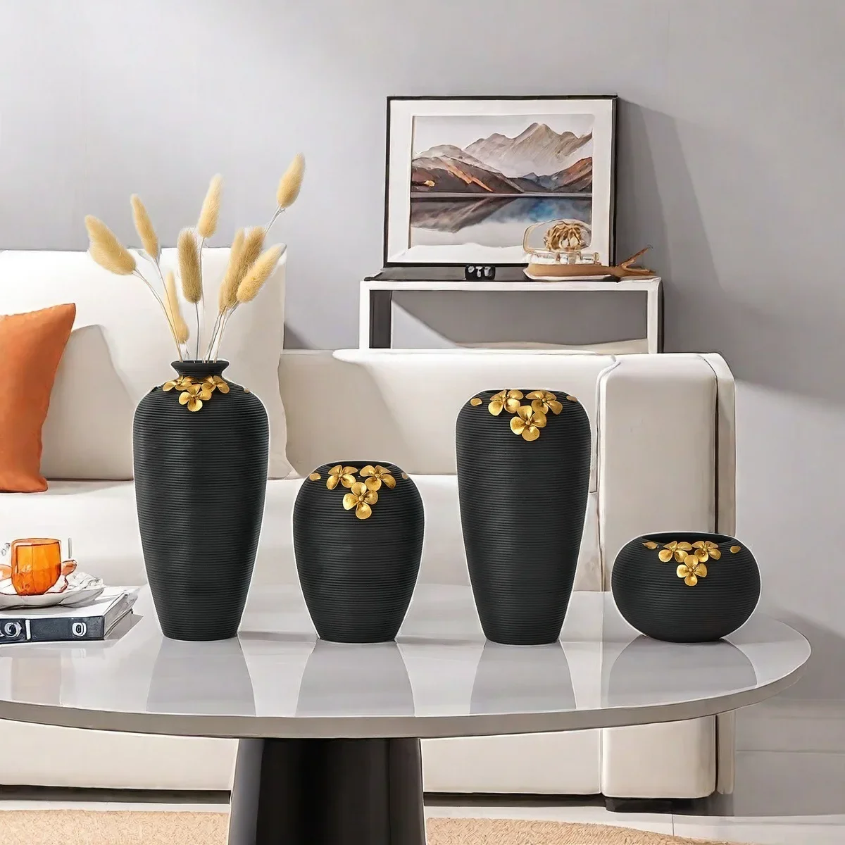 Black Ceramic Vase with Golden Floral Relief, Striped Handmade Pot for Flower Arrangement Home Decor