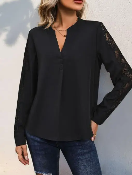 ฤดูใบไม้ร่วงหรูหราหลวมลูกไม้เย็บปะติดปะต่อกันแขนยาวสีทึบเสื้อคอวีสำหรับผู้หญิง,แฟชั่นเสื้อแขนยาวลูกไม้เย็บปะติดปะต่อกัน