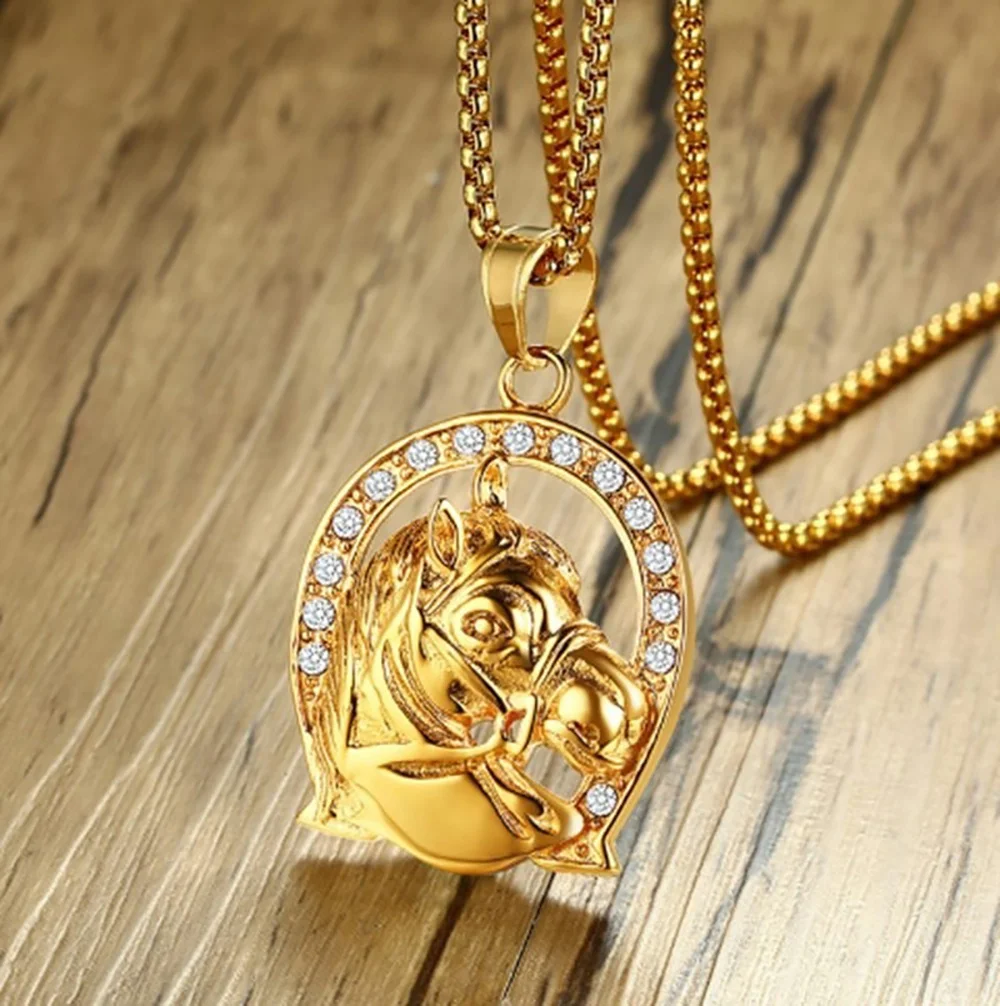 Punk Iced Out Bling Horse Head Pendant Gold Color Stainless Steel Horseshoe Necklace For Women Men  Jockey Club Jewelry Gift view 5