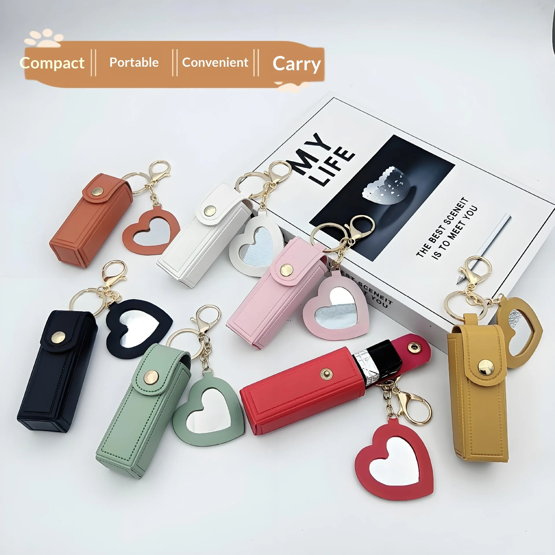 Various colors available, heart-shaped mirror portable mini lipstick bag, portable lipstick bag with mirror, small cosmetic bag,