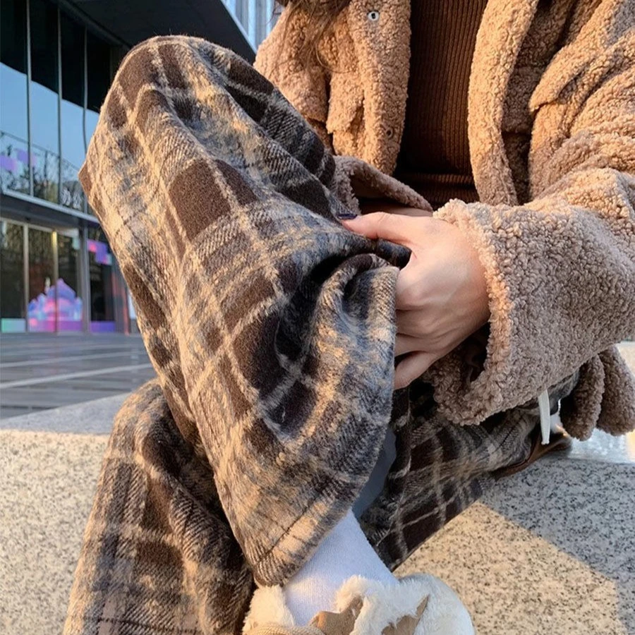 플리스 와이드 레그 팬츠 여성 겨울 두꺼운 체크무늬 스트레이트 레그 바닥 길이 바지 패션 따뜻한 울 캐주얼 두꺼운 바지