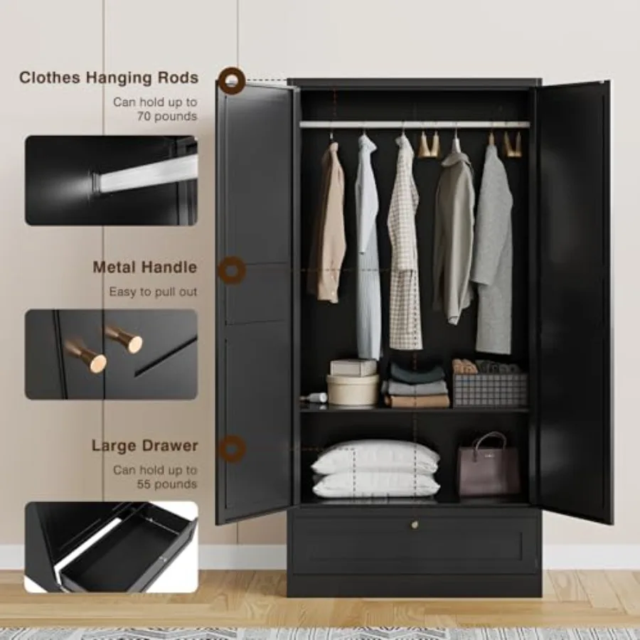 72 X 36 X 18 Black Metal Wardrobe Armoire with Drawers and Hanging Rod for Home Office Bedroom Storage Solution Durable Steel C