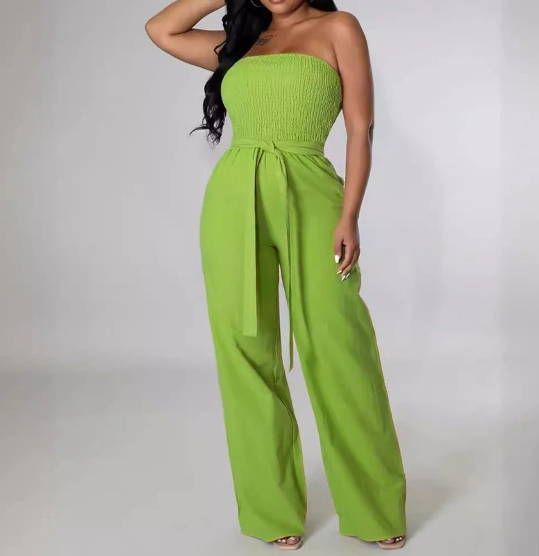 Kombinezon damski 2024 Summer Fashion Pocket Design Bandeau Sleeveless High Waisted Casual Solid Color Wide Leg Long Jumpsuit