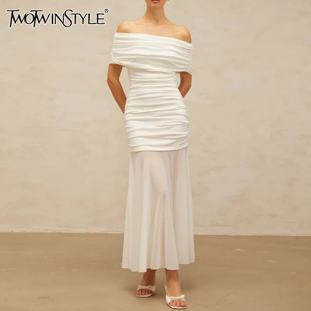 

TWOTWINSTYLE Solid Slimming Spliced Folds Midi Dresses for Women Slash Neck Off Shoulder Patchwork Mesh Dress Female Clothing