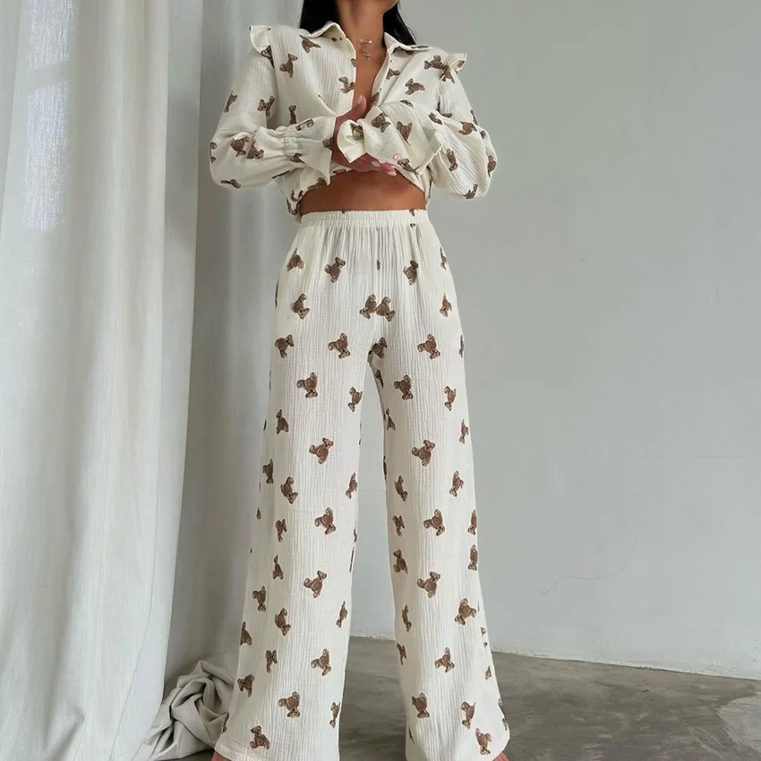 Women\'s Long Sleeve Pajama Set Spring Autumn Ladies 2 Pcs with Pant Bear Print Single Breasted Turn Down Collar Pijama Suit