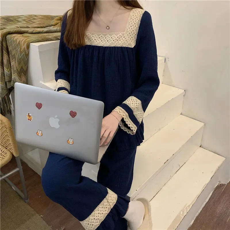 Kawaii Clothes Woman Sleepwear Long Sleeve Square Neck Pajama Sets Loungewear Sets Vintage French Princess Pant Korean Nightwear