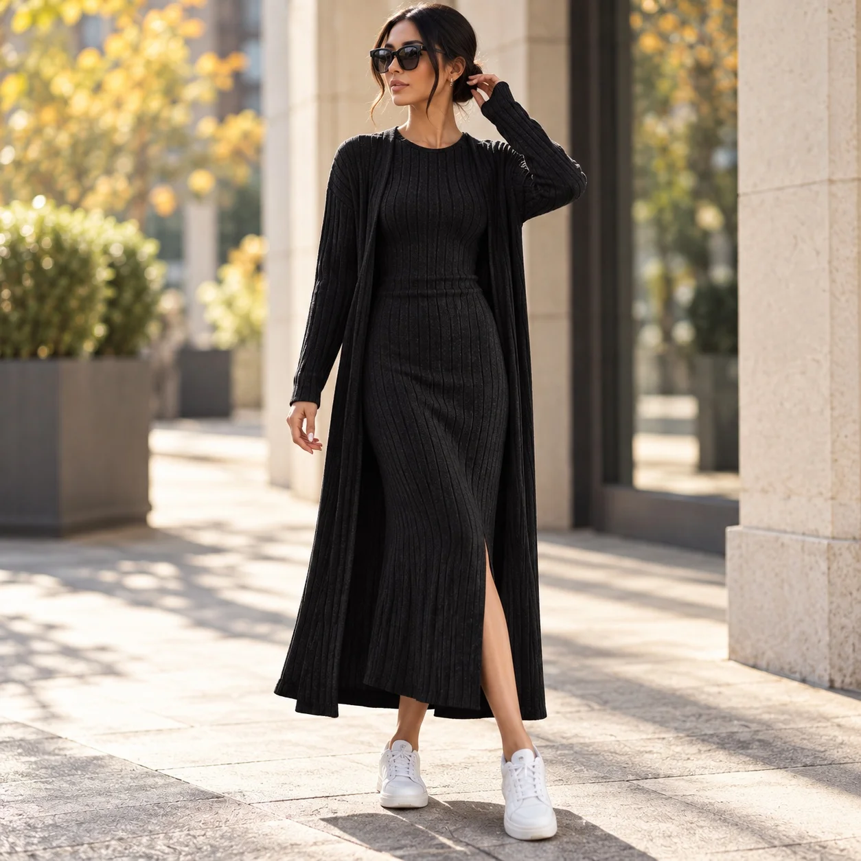 Patchwork Slit Set Maxi Length Private Celebrity Style with Autumn Sexy Style Sleeveless Skirt Tank Top Sets Women Dress