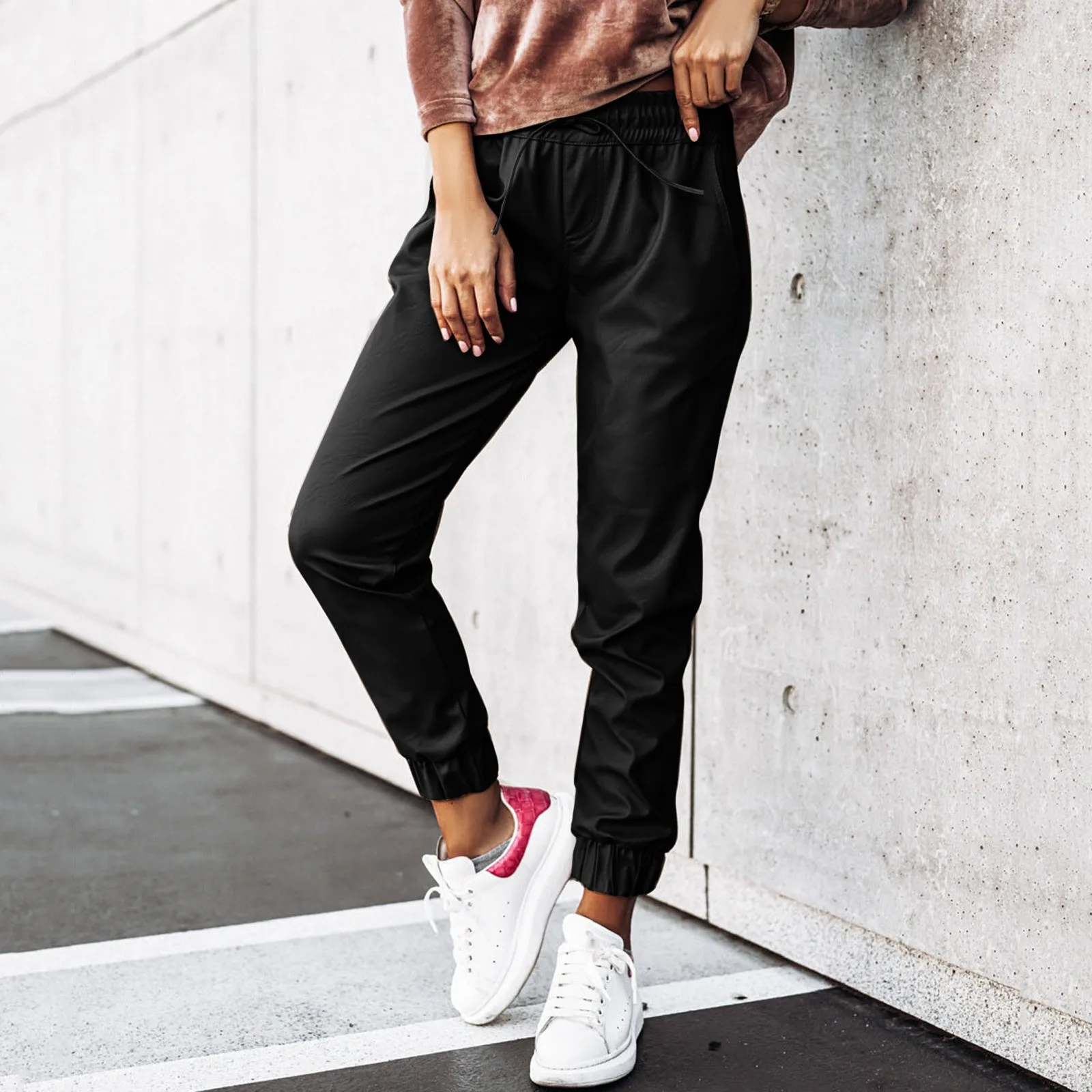 

Women Fashion Faux Leather Straight Pants Vintage High Waist Elastic Waist Drawstring Female Trousers Pantalones Mujer Cuero