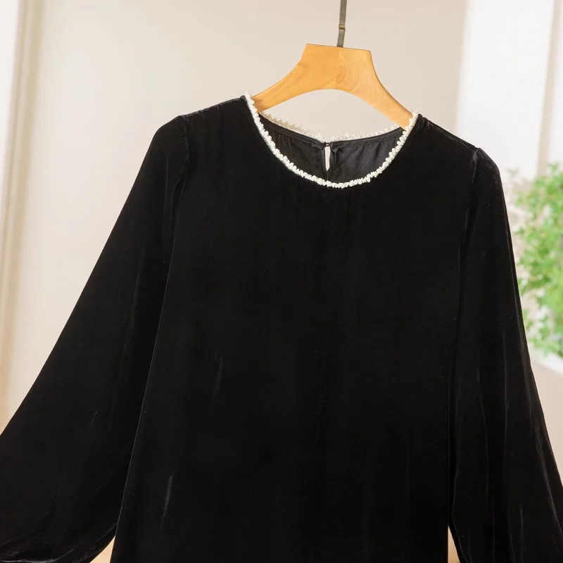 MadBlack، فستان مخملي من حرير التوت 100%، فساتين طويلة أنيقة للنساء برقبة دائرية وخرز شبكي، أكمام كاملة، فستان كاجوال جديد 2025D5D301JF