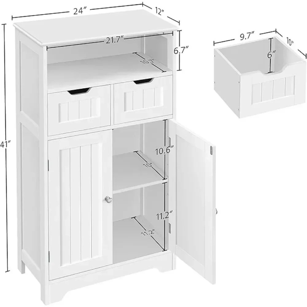 Bathroom Storage Cabinet with 2 Drawers & Adjustable Shelf, 2 Doors Bathroom Floor Cabinet, Wooden Cupboard for Living Room