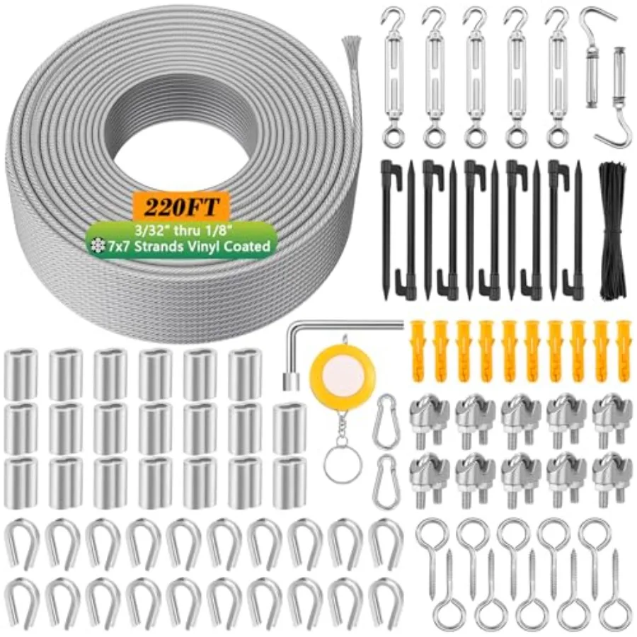 

220 Feet 1/8" Wire Rope Kit 304 Stainless Steel Cable with M5 Turnbuckles for Cables Wire Vinyl Coated String Lights Hanging Wi