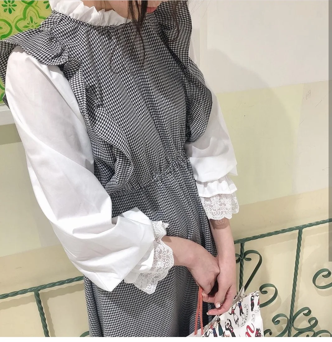 

Cute Plaid Splicing Long Sve Maxi Dr Sweet Sle round Ne mid Waist Polyester Fiber 2 Piece Fake Dr with kets