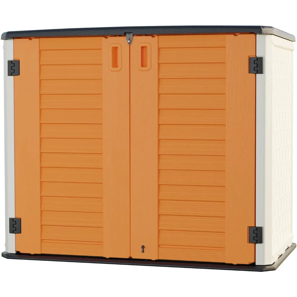 Outdoor Storage Cabinet,4 x 3.4 FT Outdoor Horizontal Storage Shed w/o Shelf,Lockable All-Weather Resin Tool Shed for Trash Cans