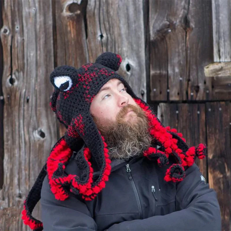 VOGUEON Adult Novelty Handmade Funny Animal Tentacle Octopus Hat Crochet Beard Men's Women's Knit Hats Headgear 2024 Par