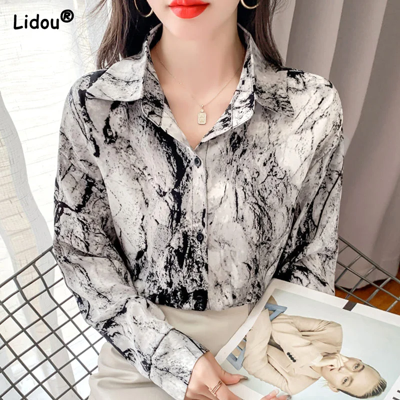 

Blouses Straight Loose Thin Casual Tie Dye Spring Summer Turn-down Collar Button Women's Clothing 2022 Hipster Graphic Vintage