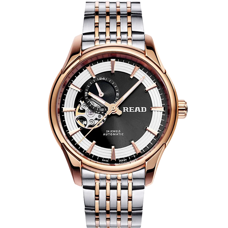 READ Men Automatic Mechanical Watch | Two‑Tone Steel Band | Partial Skeleton Dial | 24‑Hour Display | 50M Water Resistant Watch