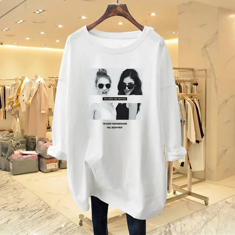 Women Clothing Fashion Long Sleeve Round Neck T-shirt Spring Autumn Pure Cotton Printing Top Tee Lady Casual Loose Pullover