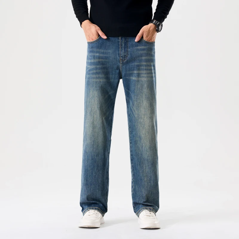 Quatro estações europeu americano masculino fino elástico perna reta negócios denim retro lavagem jeans casual elástico na moda calças masculinas