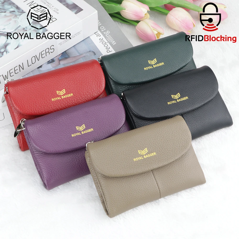 Royal Bagger RFID Blocking Short Wallets for Women Multiple Slot Card Holder Genuine Leather Trifold Simple Coin Purse 2811